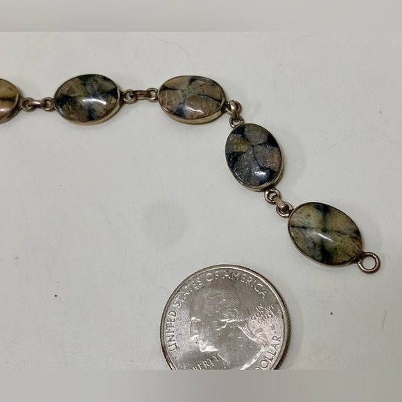 Victorian Era Antique Silver Encased Polished Stone Vintage Link Bracelet - Picture 7 of 15